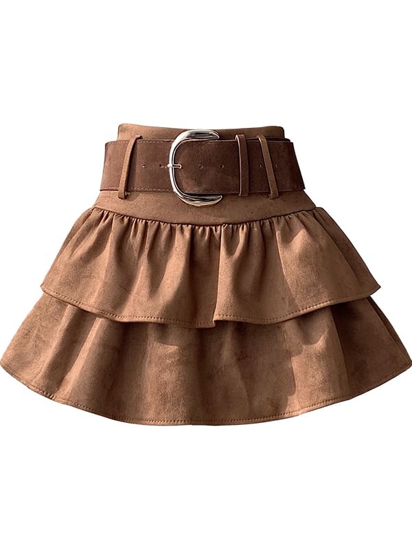 High Waist Ruffle Faux Suede Mini A-Line Skirt with Belt Set