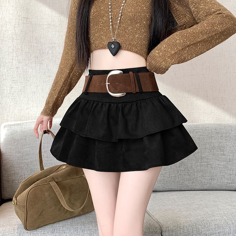 High Waist Ruffle Faux Suede Mini A-Line Skirt with Belt Set
