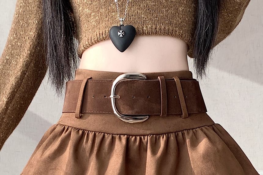 High Waist Ruffle Faux Suede Mini A-Line Skirt with Belt Set