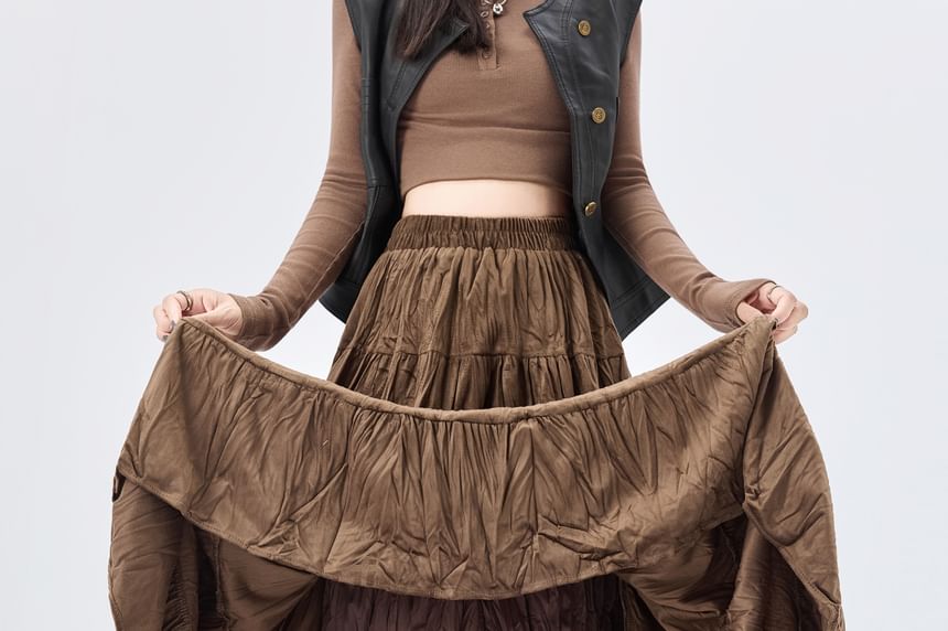 Elastic Waist Tiered Velvet Maxi A-Line Skirt