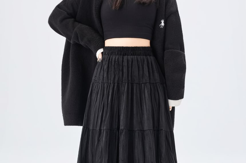 Elastic Waist Tiered Velvet Maxi A-Line Skirt