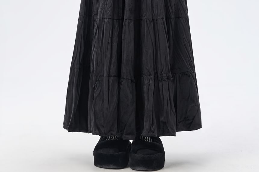 Elastic Waist Tiered Velvet Maxi A-Line Skirt