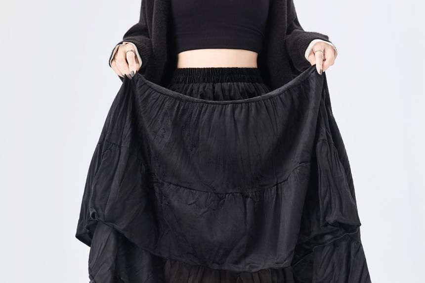 Elastic Waist Tiered Velvet Maxi A-Line Skirt