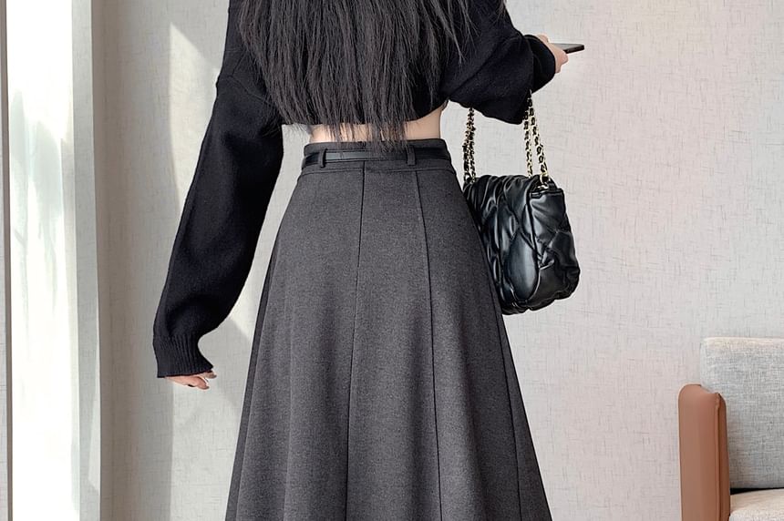 High Waist Plain Midi A-Line Skirt