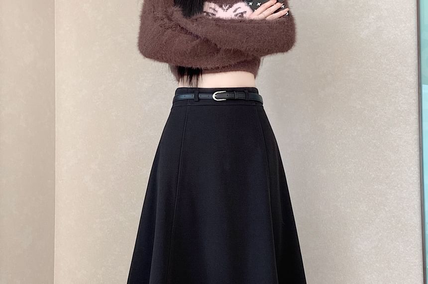 High Waist Plain Midi A-Line Skirt