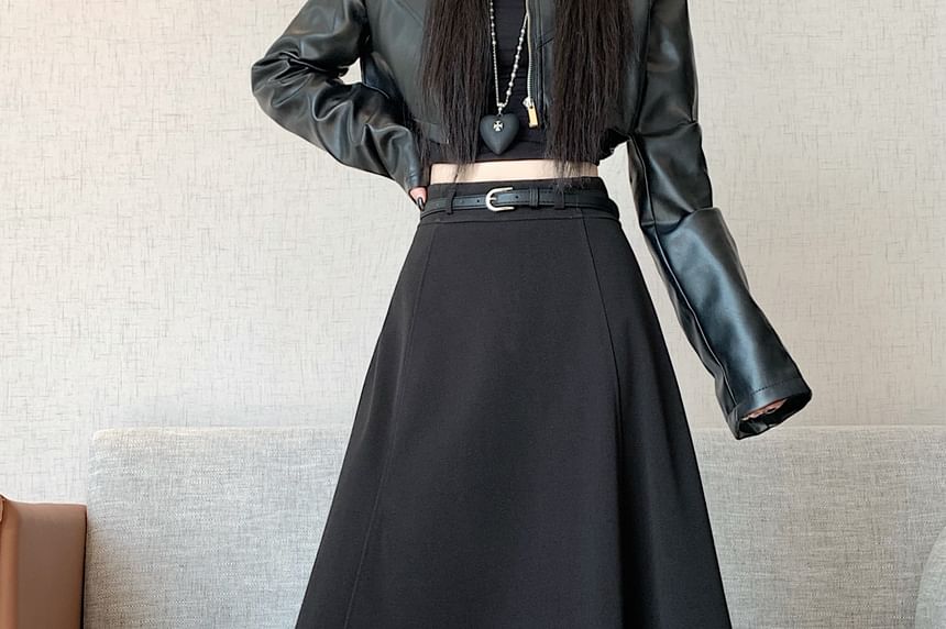 High Waist Plain Midi A-Line Skirt