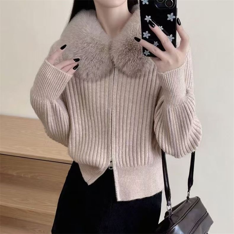 Plain Fluffy Trim Ribbed Zip Cardigan