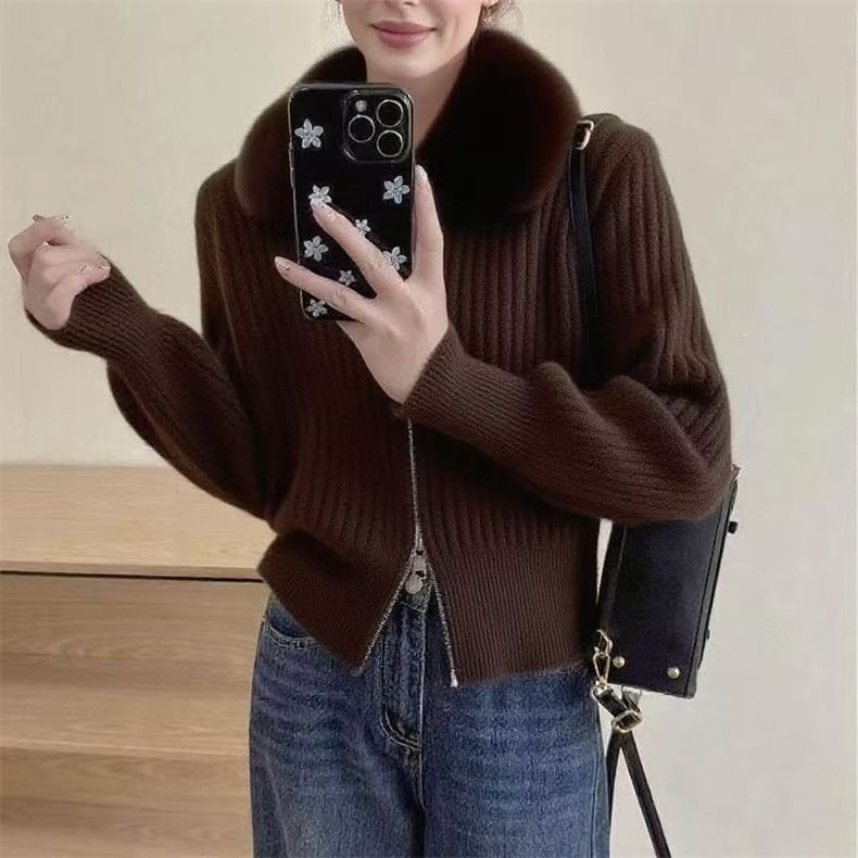 Plain Fluffy Trim Ribbed Zip Cardigan