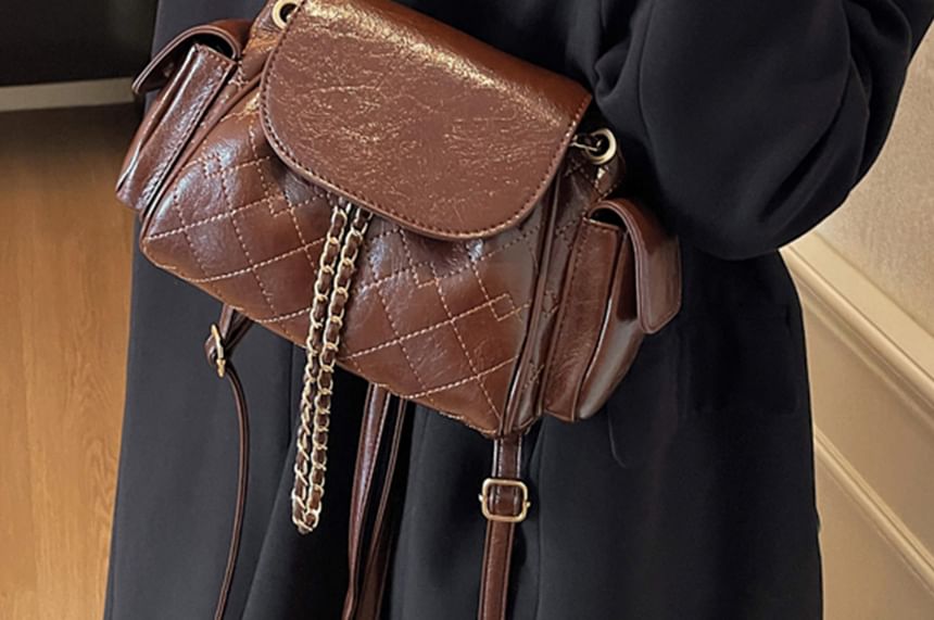 Quilted Flap Pocket Faux Leather Backpack Shoulder Bag