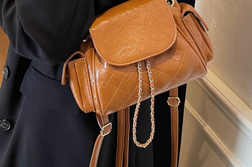 Quilted Flap Pocket Faux Leather Backpack Shoulder Bag