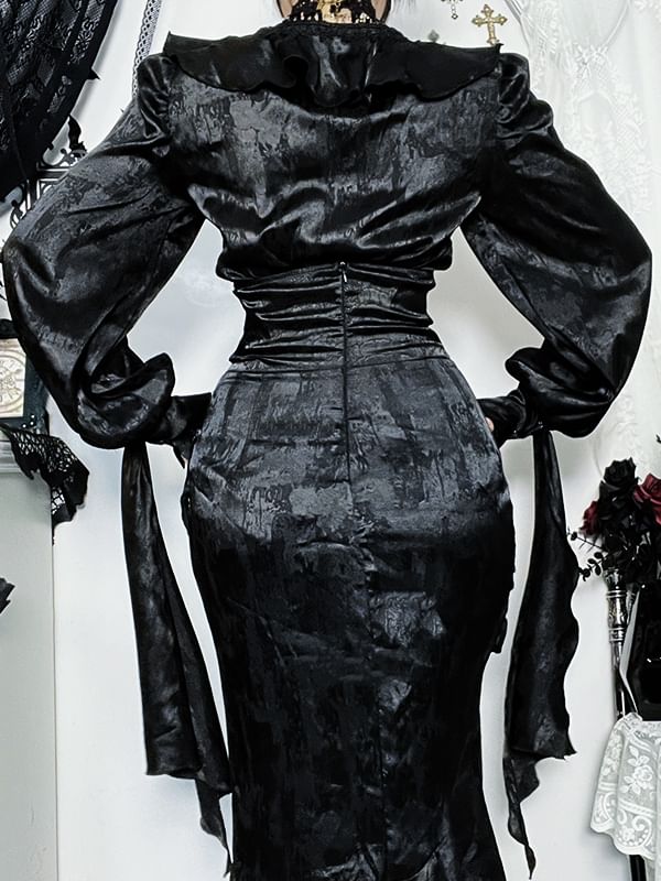 Long-Sleeve V-Neck Cinched Plain Top / High Rise Asymmetrical Mermaid Skirt