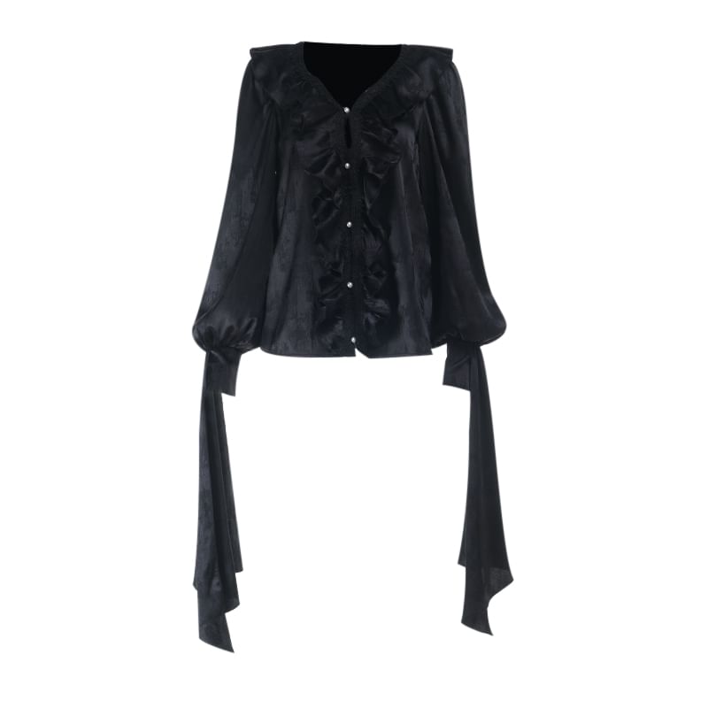 Long-Sleeve V-Neck Cinched Plain Top / High Rise Asymmetrical Mermaid Skirt