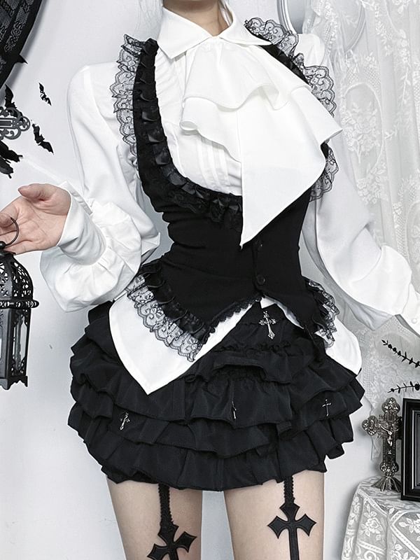 Sleeveless Lace Crop Top & Long-Sleeve Shirt & Mini Tiered Skirt