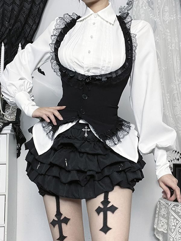 Sleeveless Lace Crop Top & Long-Sleeve Shirt & Mini Tiered Skirt