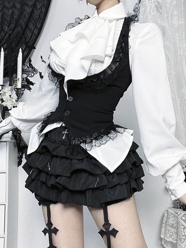 Sleeveless Lace Crop Top & Long-Sleeve Shirt & Mini Tiered Skirt