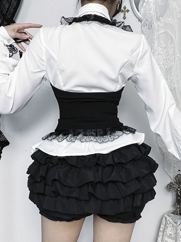 Sleeveless Lace Crop Top & Long-Sleeve Shirt & Mini Tiered Skirt