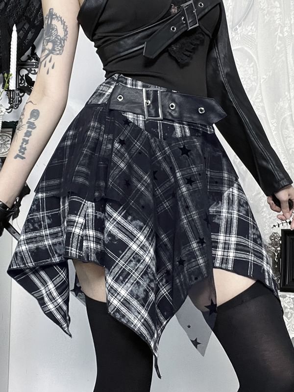 High Rise Asymmetrical Plaid A-Line Skirt & One-Sleeve Faux Leather Crop Jacket