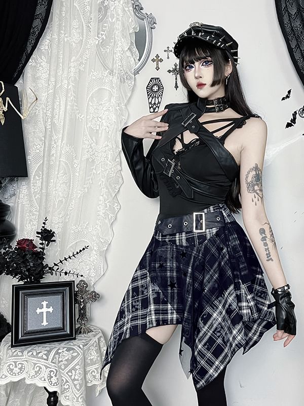High Rise Asymmetrical Plaid A-Line Skirt & One-Sleeve Faux Leather Crop Jacket