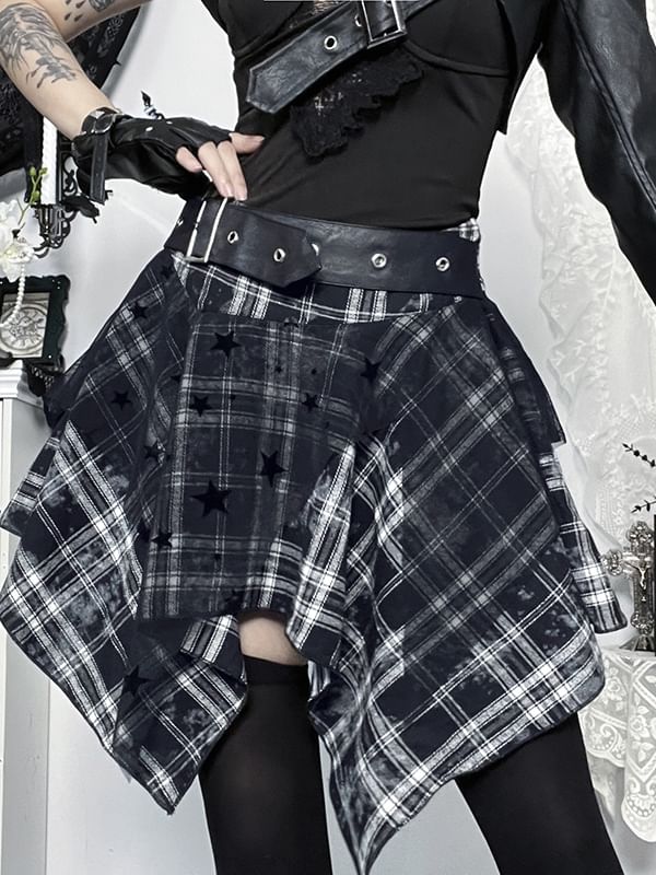 High Rise Asymmetrical Plaid A-Line Skirt & One-Sleeve Faux Leather Crop Jacket