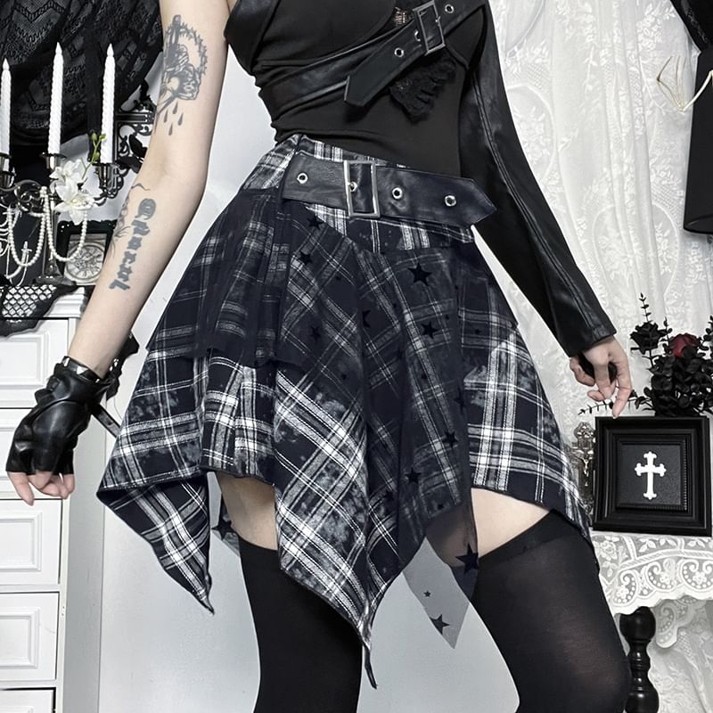 High Rise Asymmetrical Plaid A-Line Skirt & One-Sleeve Faux Leather Crop Jacket
