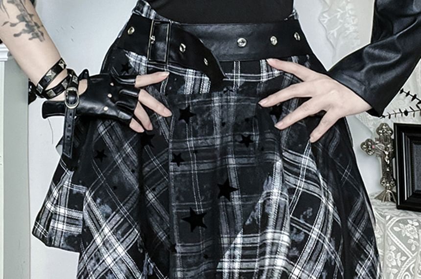 High Rise Asymmetrical Plaid A-Line Skirt & One-Sleeve Faux Leather Crop Jacket