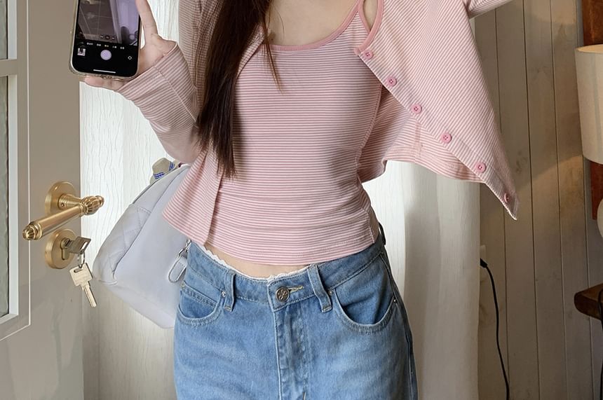 Set: Scoop Neck Striped Crop Camisole Top + Cardigan