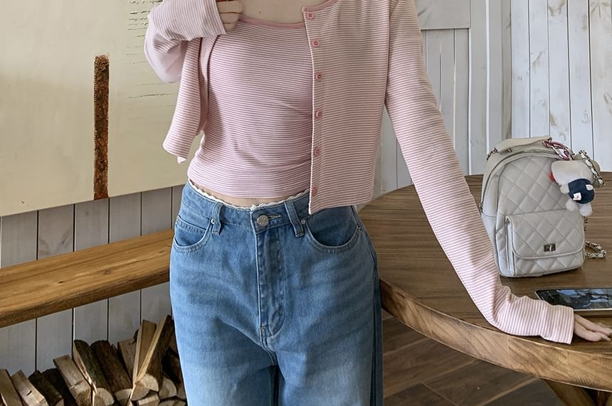 Set: Scoop Neck Striped Crop Camisole Top + Cardigan