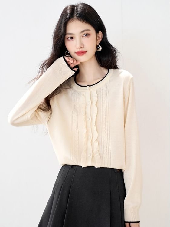Round Neck Contrast Trim Frill Cardigan