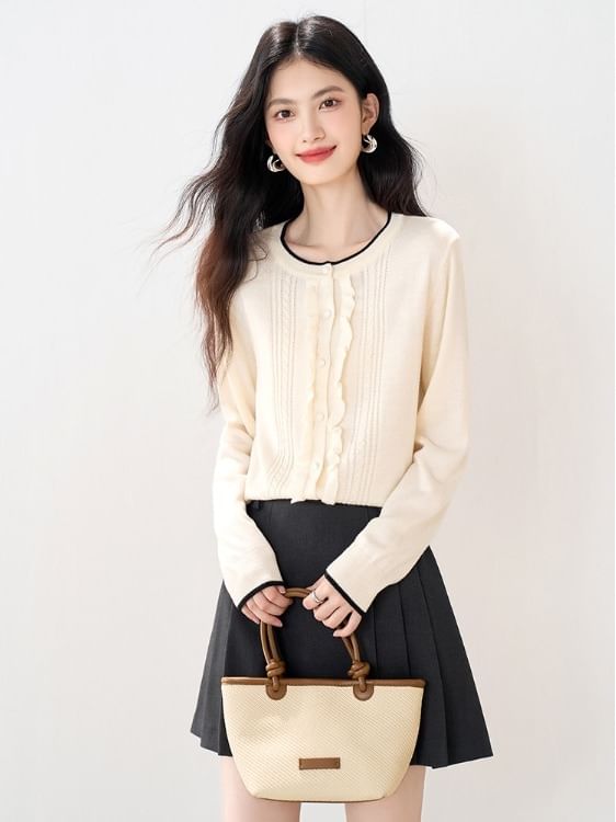 Round Neck Contrast Trim Frill Cardigan