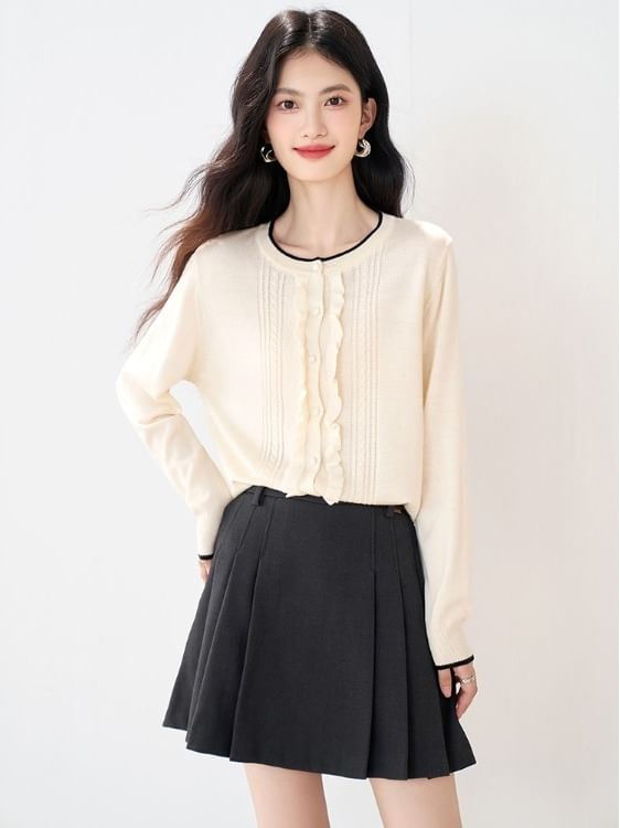 Round Neck Contrast Trim Frill Cardigan