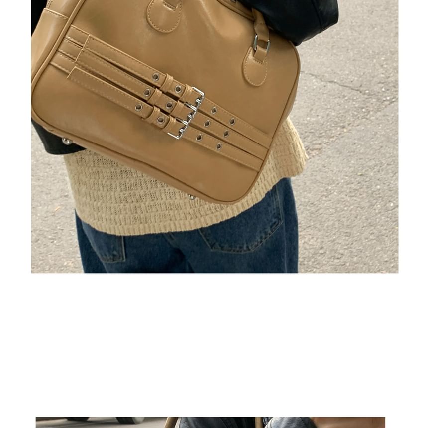 Faux Leather Buckled Zip Shoulder Bag