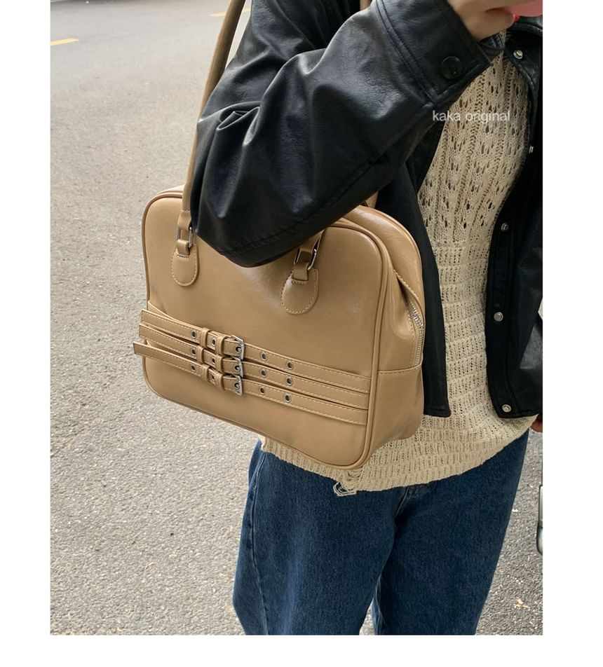 Faux Leather Buckled Zip Shoulder Bag