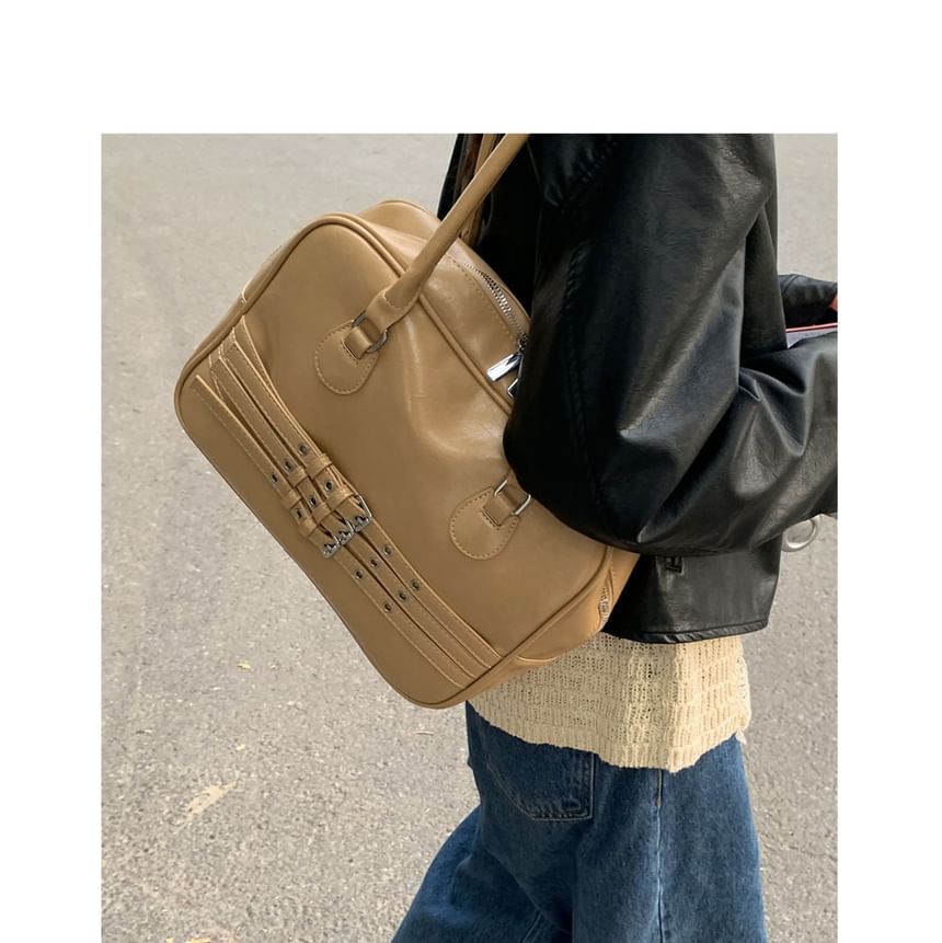 Faux Leather Buckled Zip Shoulder Bag