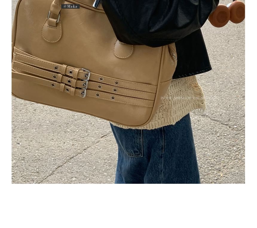 Faux Leather Buckled Zip Shoulder Bag