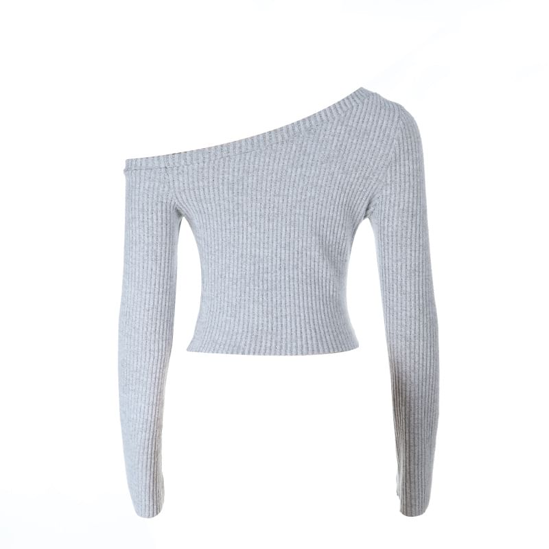 Ribbed Knit Top with Asymmetrical Off-Shoulder Neck and Long Sleeves