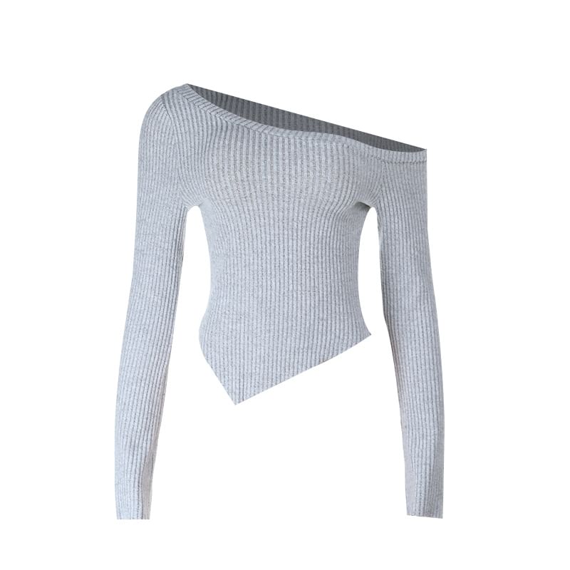 Ribbed Knit Top with Asymmetrical Off-Shoulder Neck and Long Sleeves