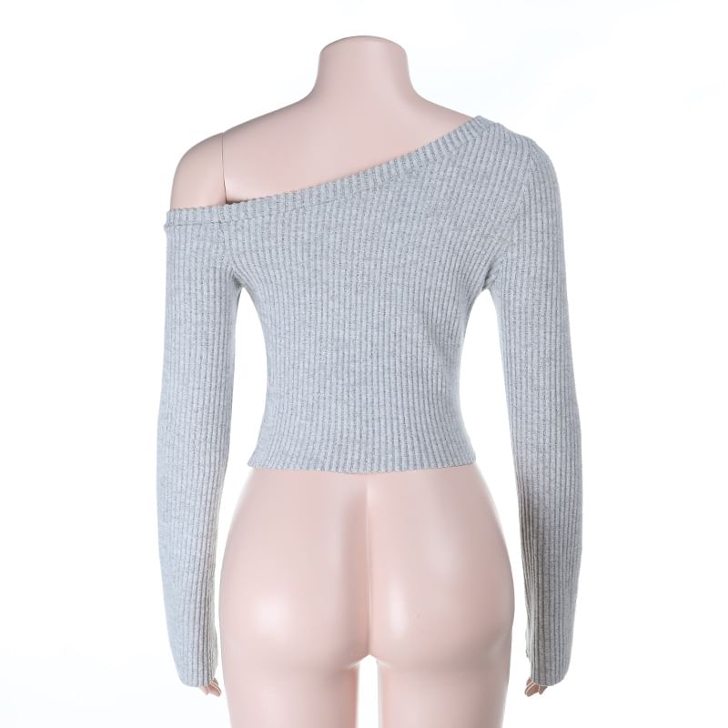 Ribbed Knit Top with Asymmetrical Off-Shoulder Neck and Long Sleeves