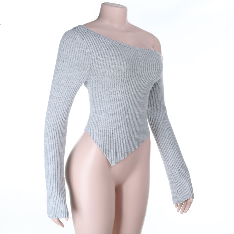 Ribbed Knit Top with Asymmetrical Off-Shoulder Neck and Long Sleeves