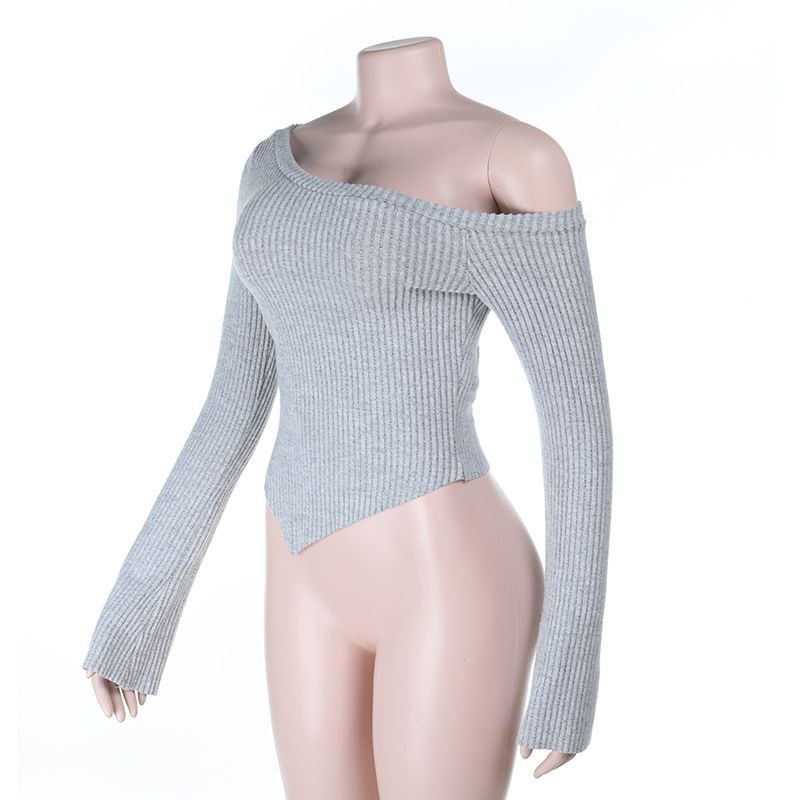 Ribbed Knit Top with Asymmetrical Off-Shoulder Neck and Long Sleeves
