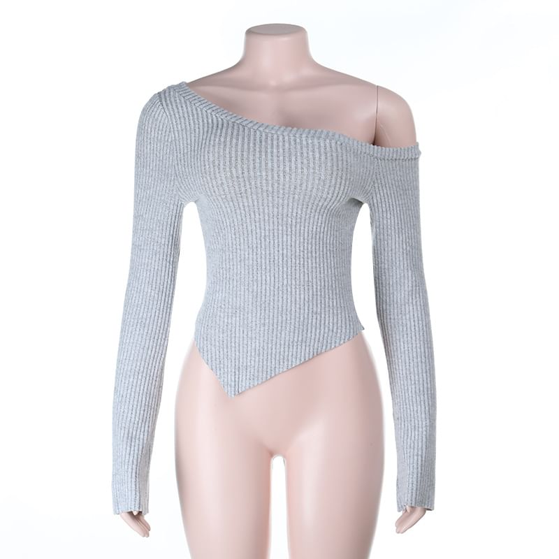 Ribbed Knit Top with Asymmetrical Off-Shoulder Neck and Long Sleeves