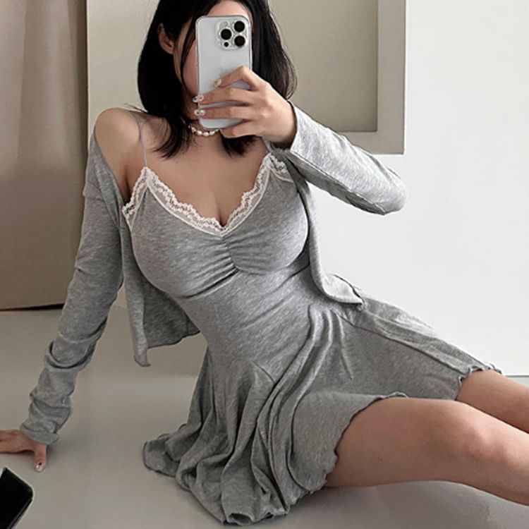 Set: Spaghetti Strap Lace Trim A-Line Dress + Cardigan