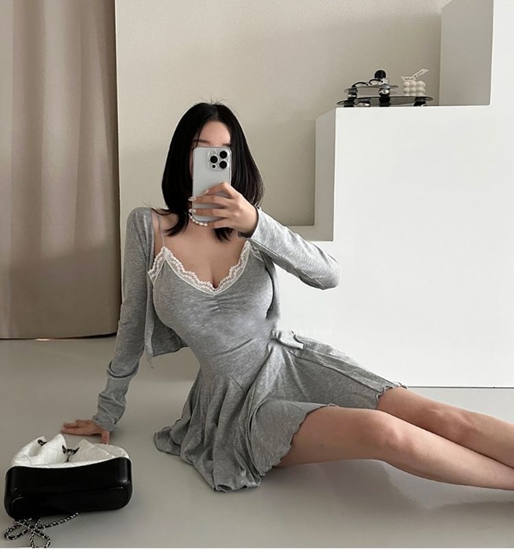 Set: Spaghetti Strap Lace Trim A-Line Dress + Cardigan