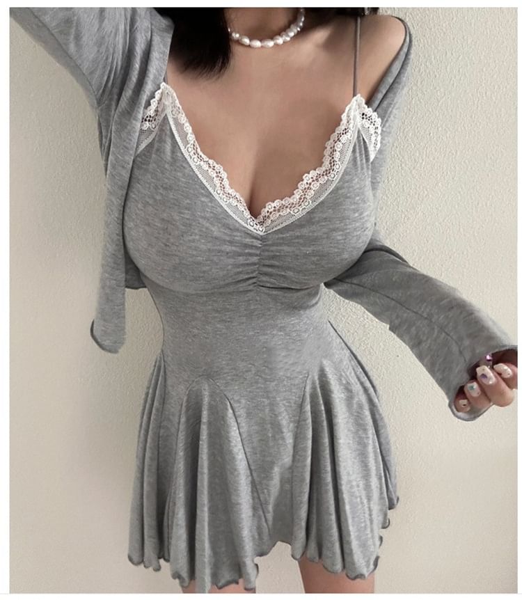 Set: Spaghetti Strap Lace Trim A-Line Dress + Cardigan