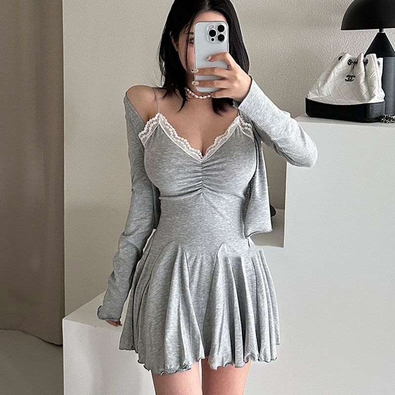 Set: Spaghetti Strap Lace Trim A-Line Dress + Cardigan