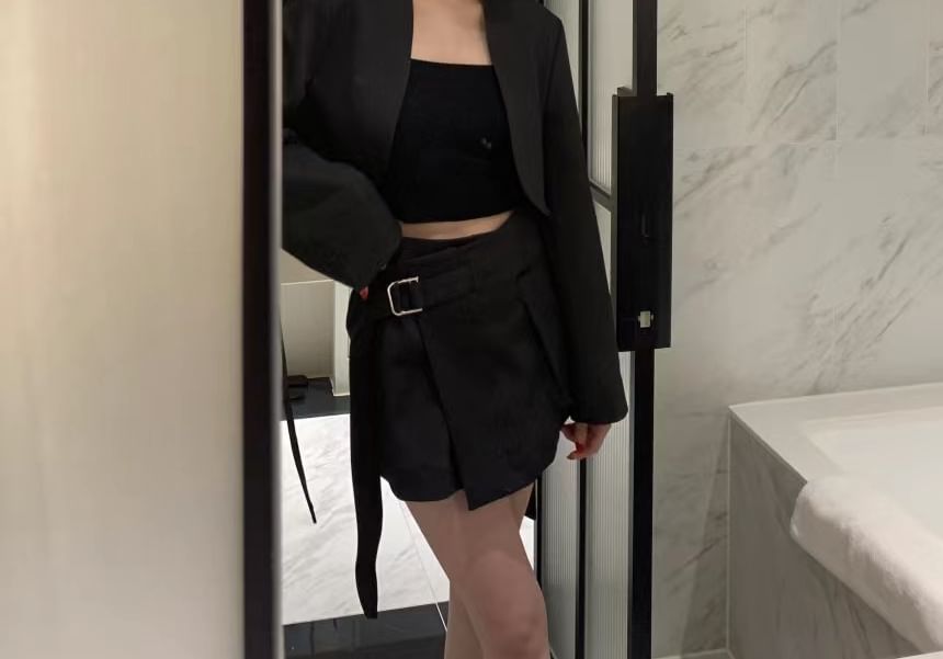 Collarless Plain Cropped Open Front Blazer / High Rise Asymmetrical Belted Mini A-Line Skirt