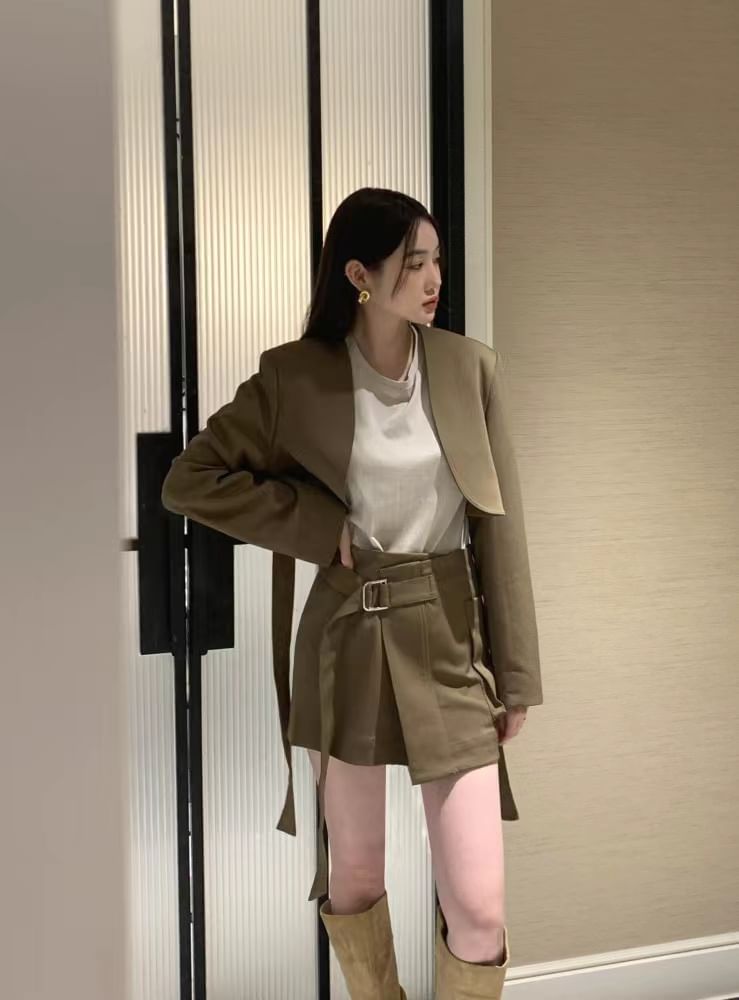 Collarless Plain Cropped Open Front Blazer / High Rise Asymmetrical Belted Mini A-Line Skirt