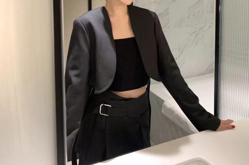 Collarless Plain Cropped Open Front Blazer / High Rise Asymmetrical Belted Mini A-Line Skirt
