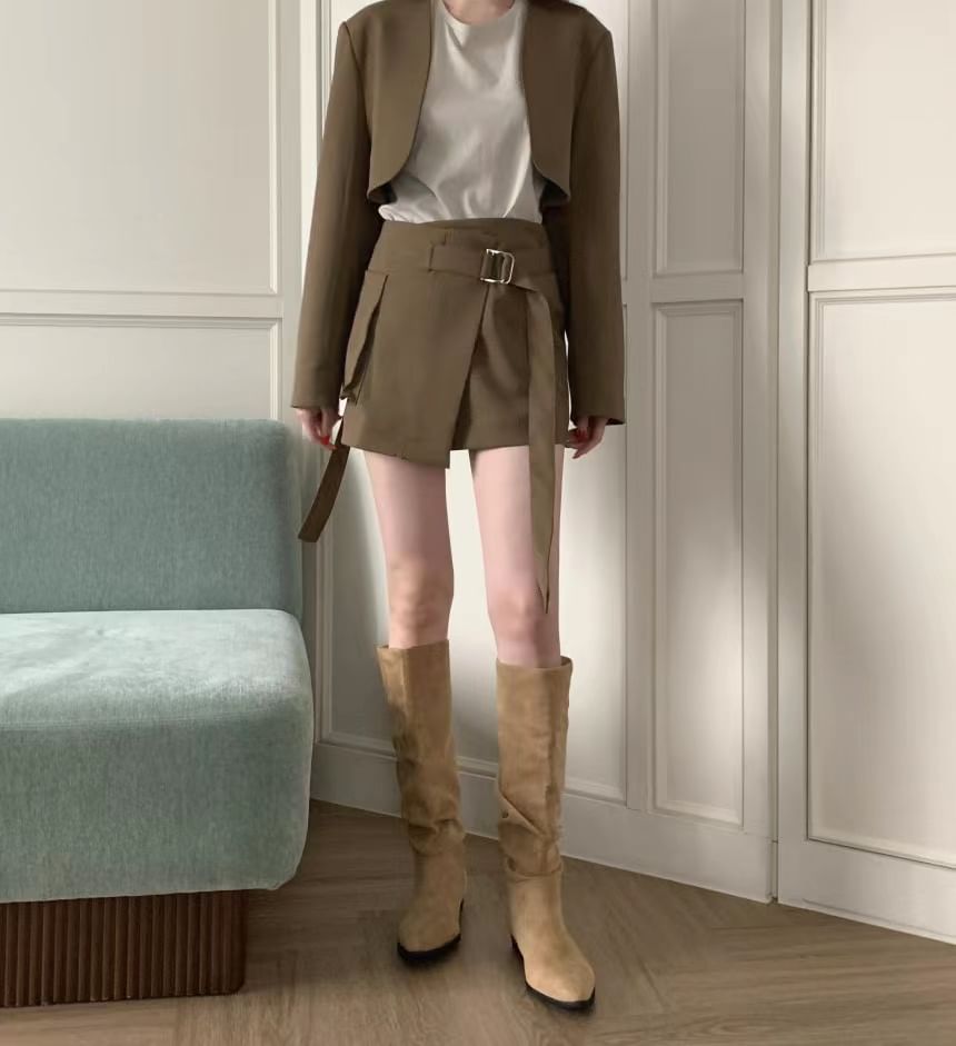 Collarless Plain Cropped Open Front Blazer / High Rise Asymmetrical Belted Mini A-Line Skirt
