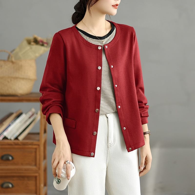 Round Neck Plain Button Up Cardigan