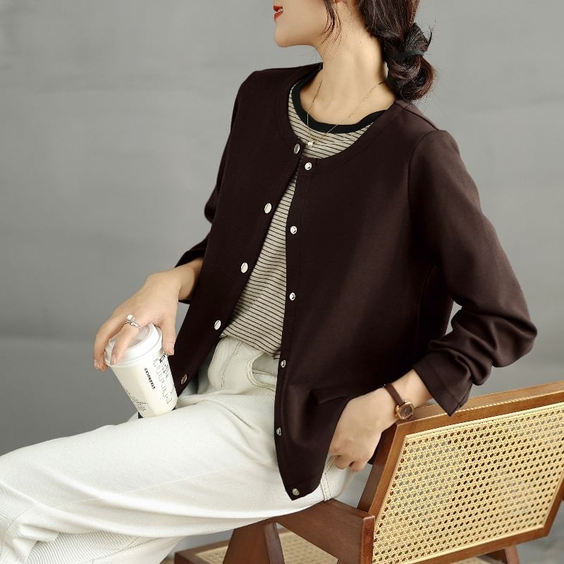 Round Neck Plain Button Up Cardigan